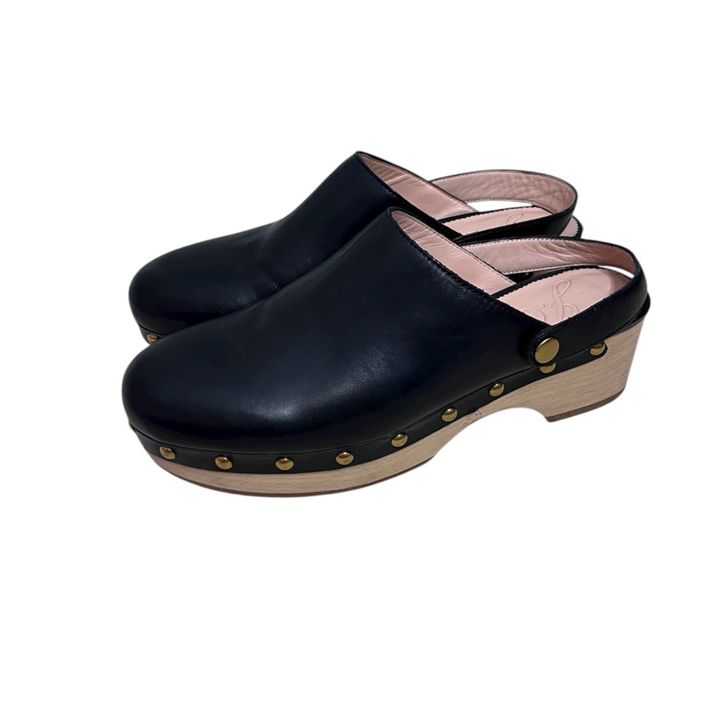 Black Leather Studded Wooden Clog Slip-Ons